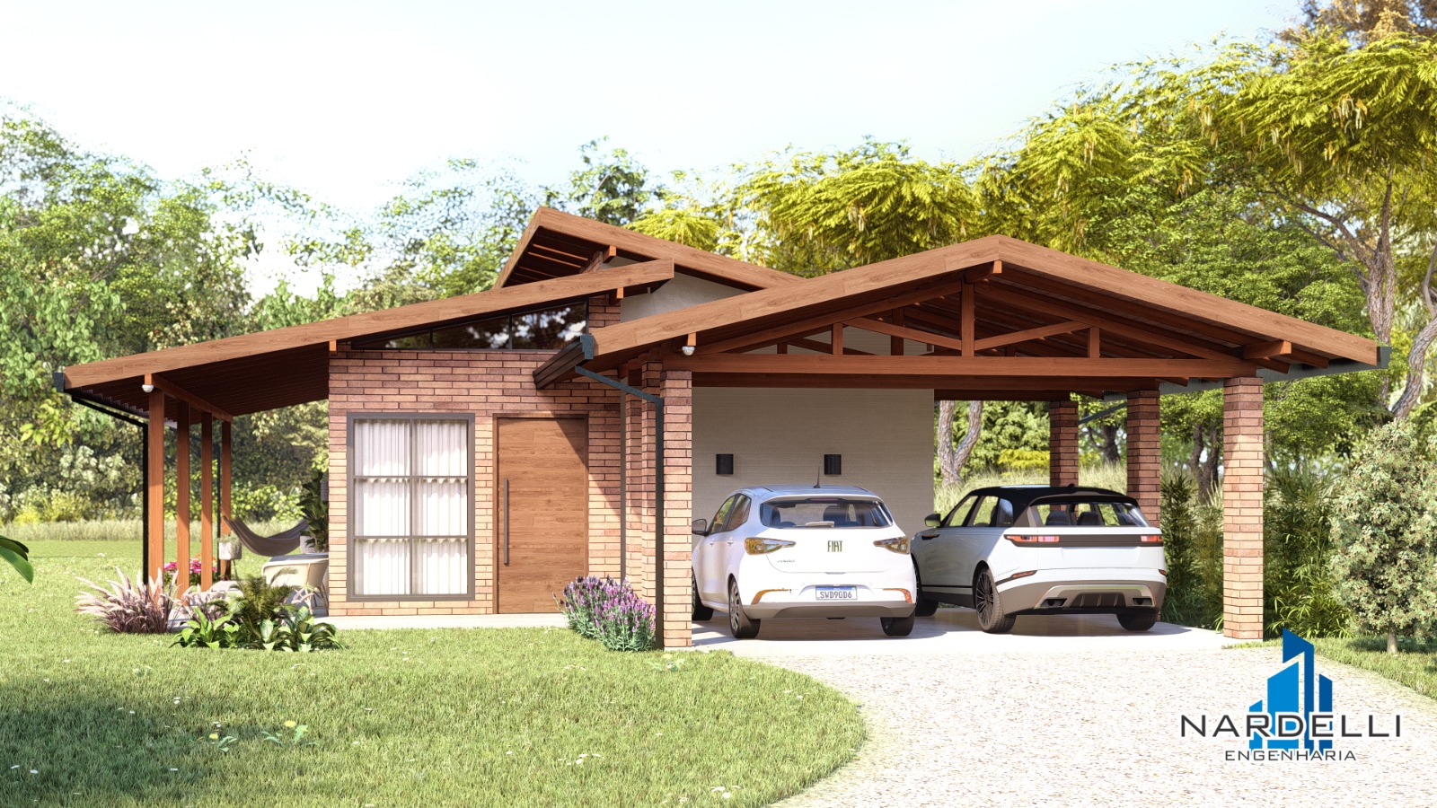 Projeto 3D com garagem coberta em tijolo ecológico