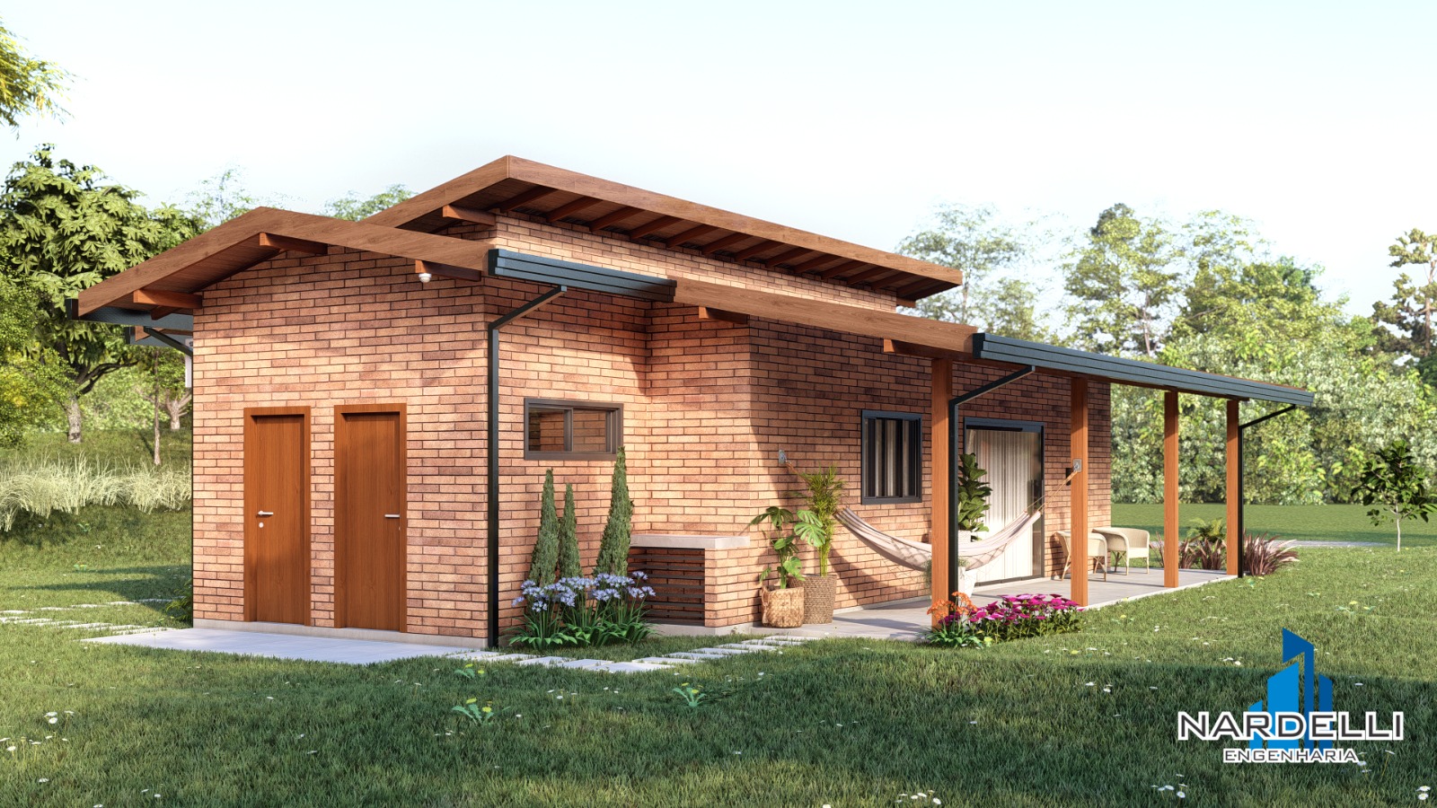 Projeto 3D de casa com varanda em tijolo ecológico