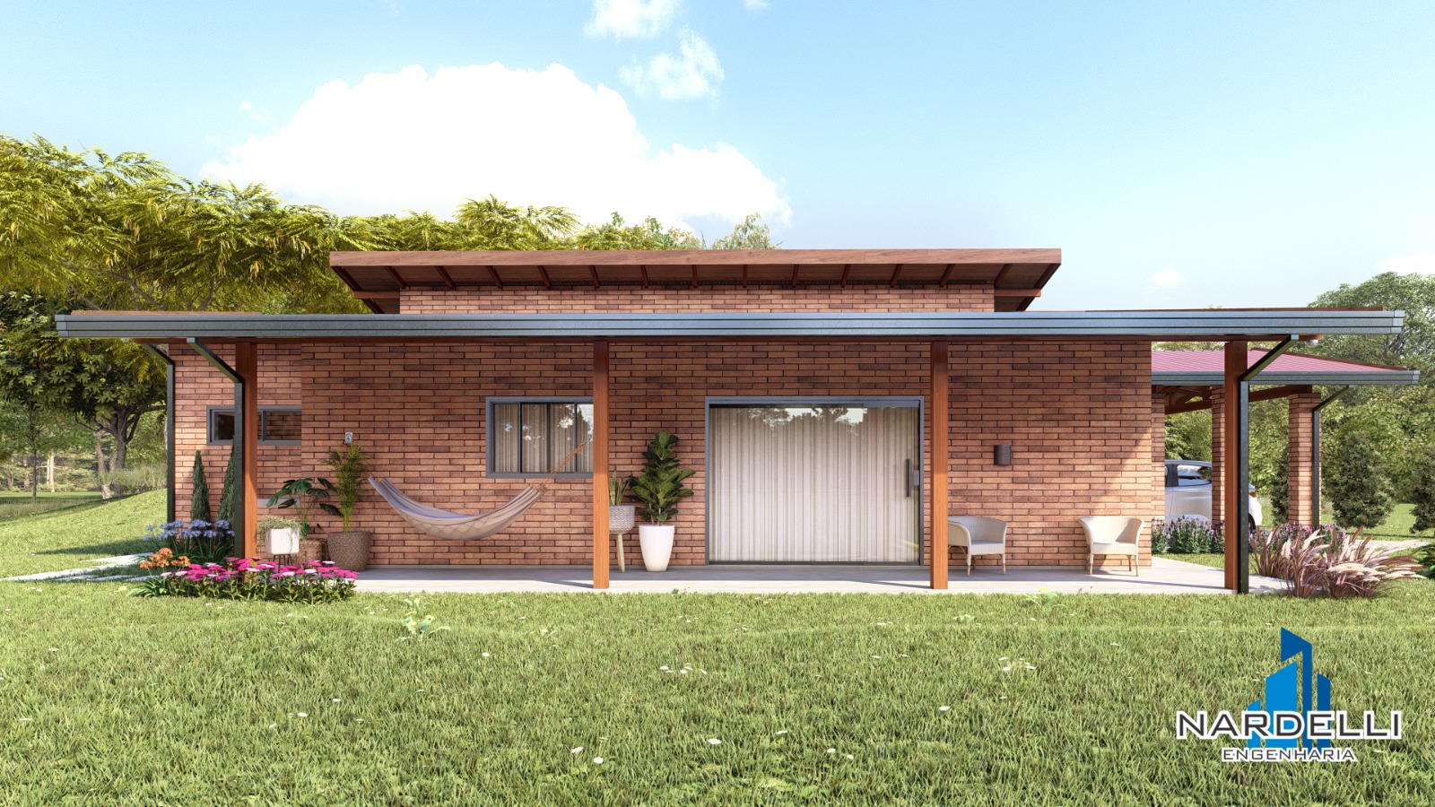 Projeto 3D de casa em tijolo ecológico com varanda ampla