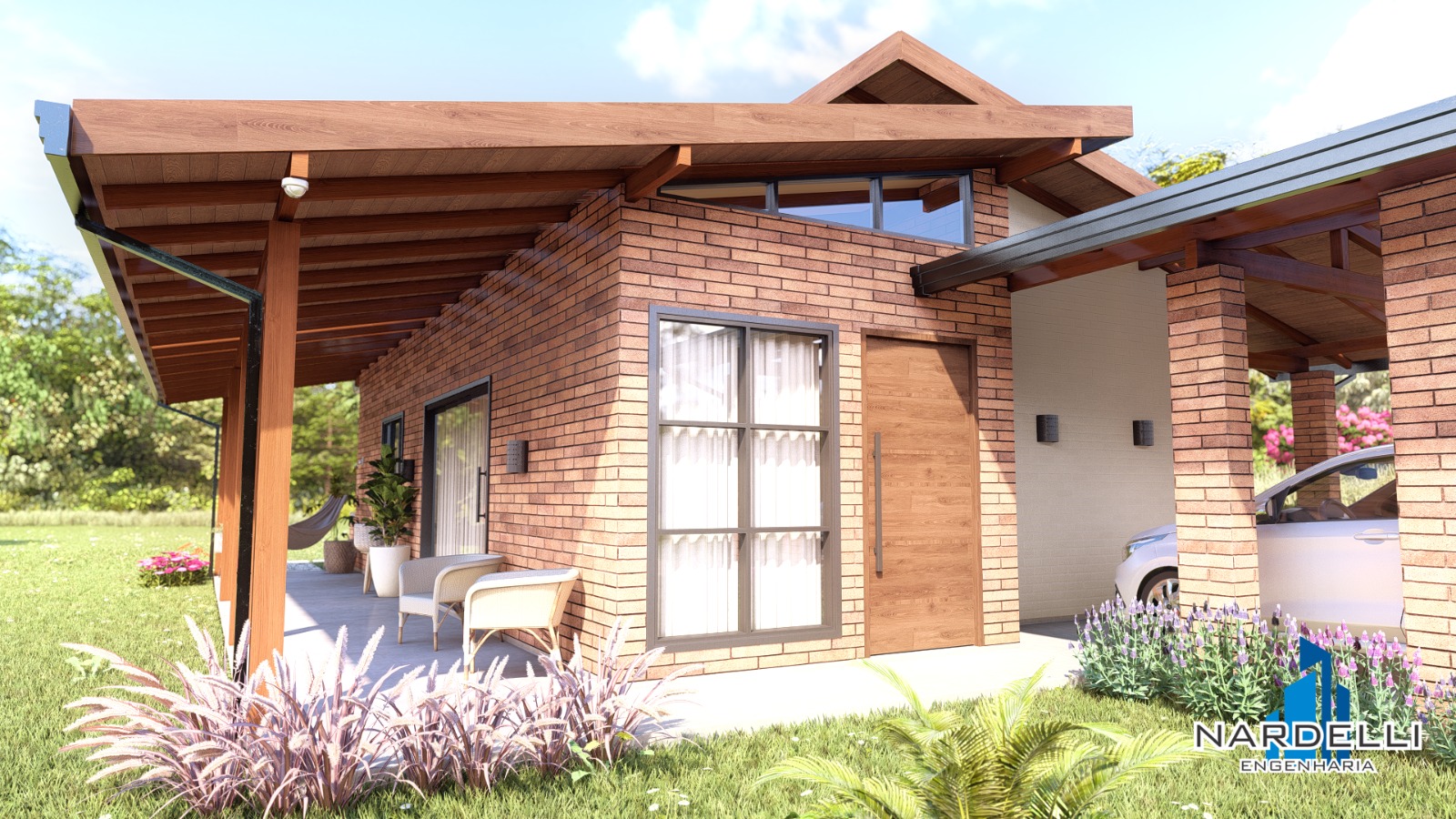 Projeto 3D da entrada de casa em tijolo ecológico