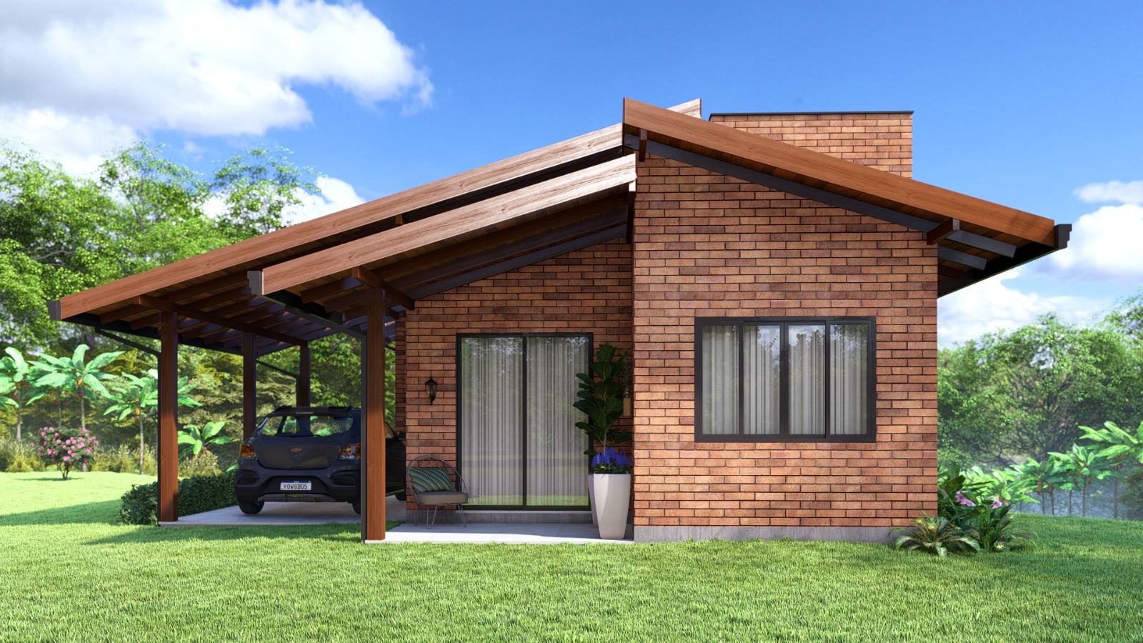 Casa em tijolo ecológico aparente executada a partir de projeto modulado pela EcoMarca